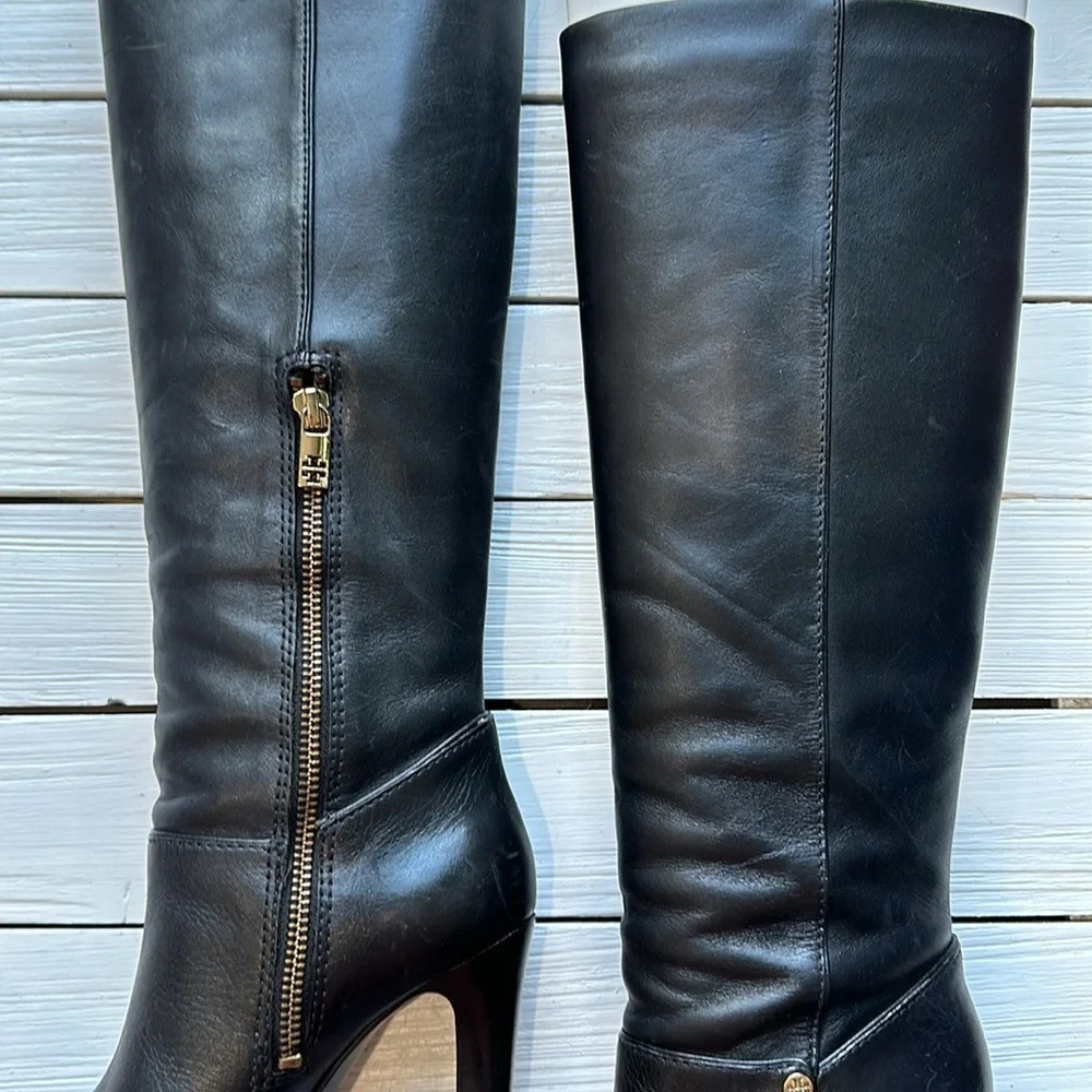 Tory Burch Black Tall Kasey Heeled Smooth Leather Boots Logo size 5.5